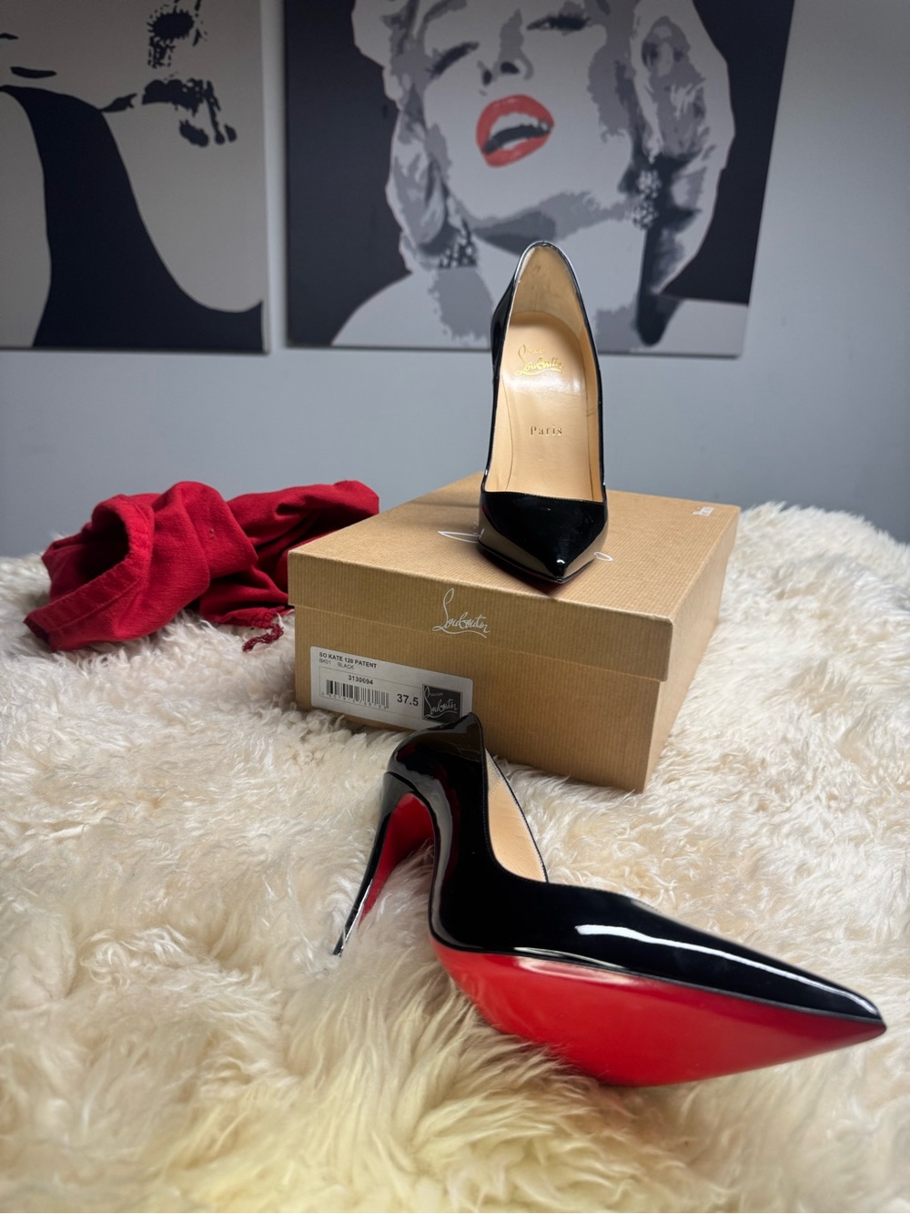 Christian Louboutin Black Patent Pointed-Toe Pumps with Red Sole